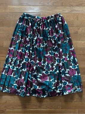 Vintage Teal and Magenta Floral Print Pleated Midi Skirt